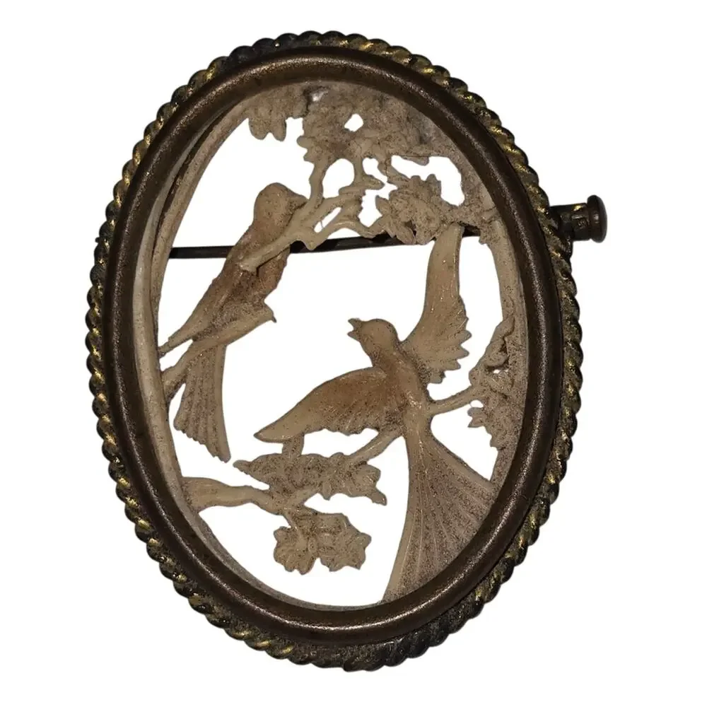 Depose France Celluloid Gold Tone Bird Oval Brooch Ornate Carved Antique Read